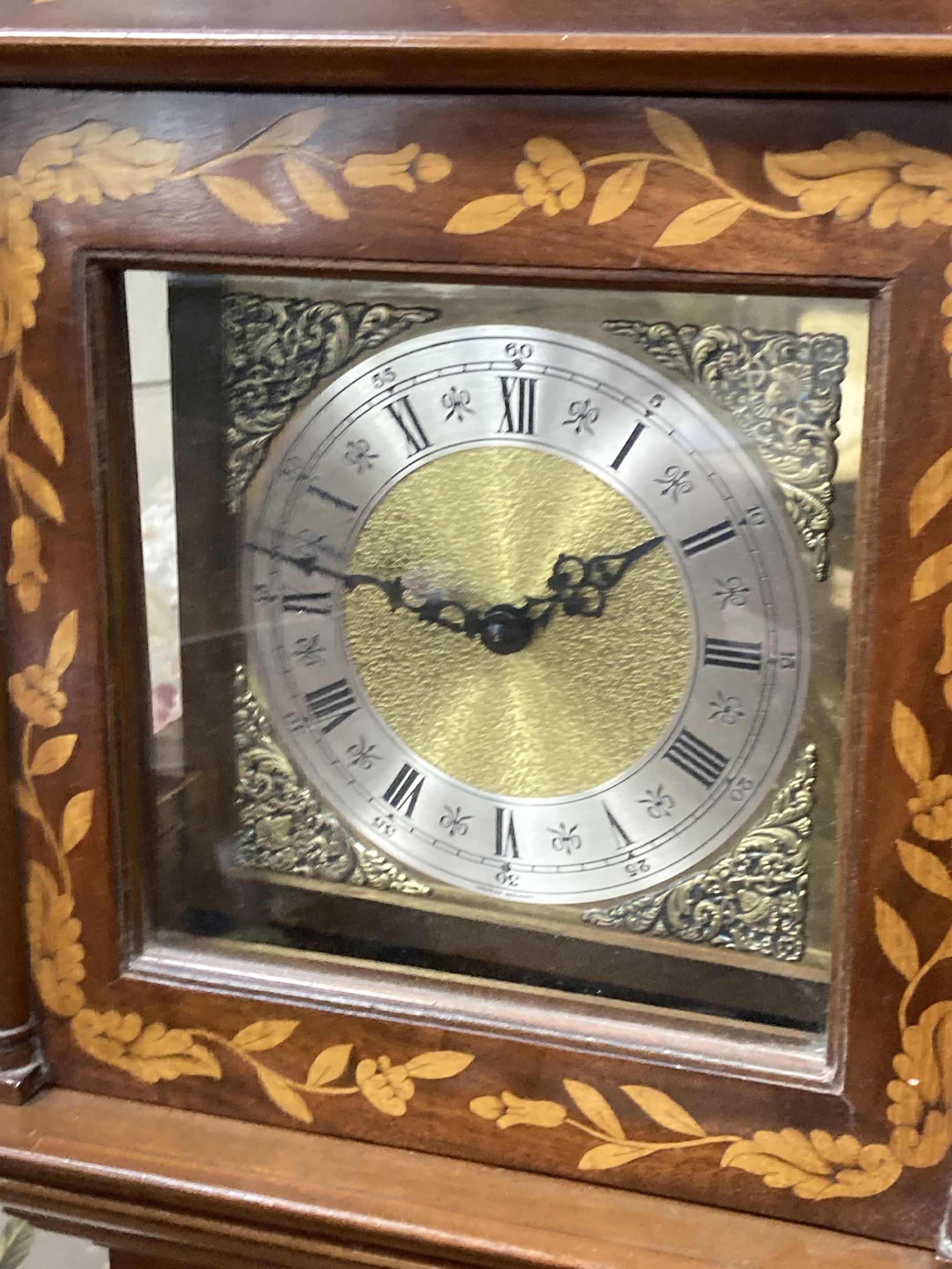 A reproduction marquetry inlaid walnut grandmother clock, height 151cm